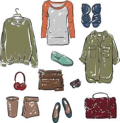 妇女服装和配件。手绘矢量插图。
