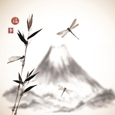 富士山，竹枝和蜻蜓。