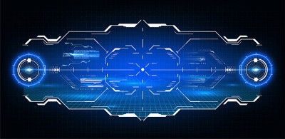 蓝色虚拟现实空间。未来的VR框架，平视显示设计。科幻头盔HUD UI。未来的技术。未来无人驾驶汽车的