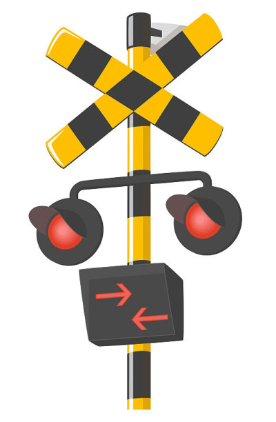 铁路平交道。打开所有的灯。