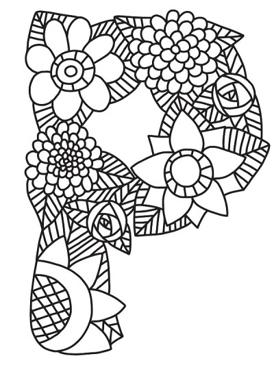 花详细的字母P着色页股票矢量插图