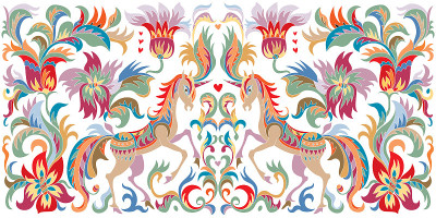 矢量边界模式。幻想独角兽马、树、花、叶等点缀在白色背景上。刺绣，墙纸，印花布，包装纸