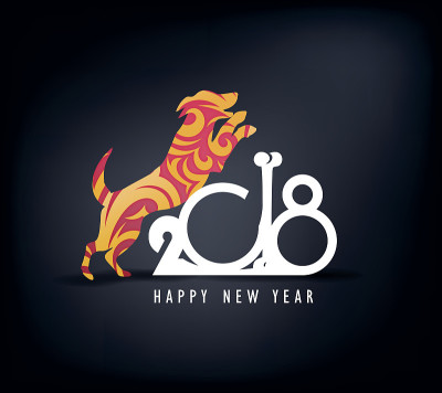 2018年新年快乐，金色背景和狗