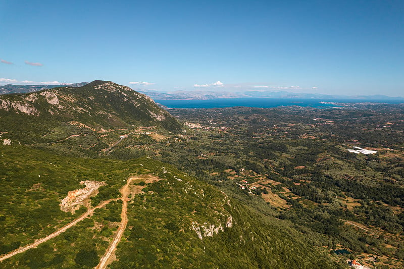 空中无人机视图。摄于欧洲南岛夏日美景之上。地平线上的地中海爱奥尼亚海。