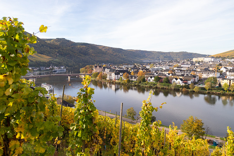 Bernkastel-Kues和摩泽尔河的秋天，前景中有多色的葡萄园