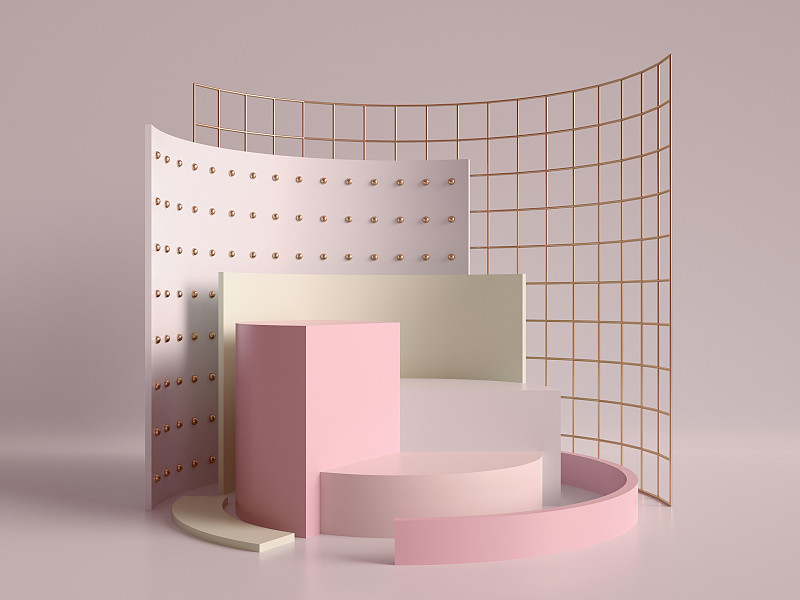 3d渲染，抽象的几何背景，原始的金字塔形状，玫瑰金网格，现代的极简主义模型，空白模板，空白展示，装饰