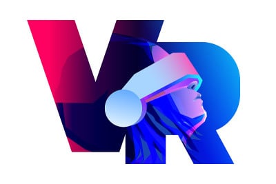 VR字母组成。戴着虚拟或增强现实眼镜的女人。矢量图