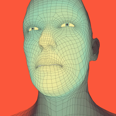 从3d网格的人的头。人体头部电线模型。人类的多边形。面扫描。人头视图。三维几何脸设计。三维多边形覆盖