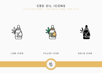 CBD石油图标设置矢量插图与固体图标线条风格。麻精酊剂概念。