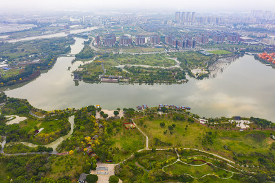 中国东莞华阳湖湿地公园景观航拍图
