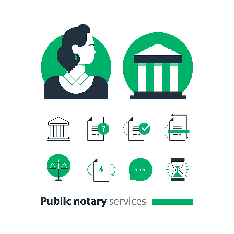 Public notary services icons set, law firm man adv