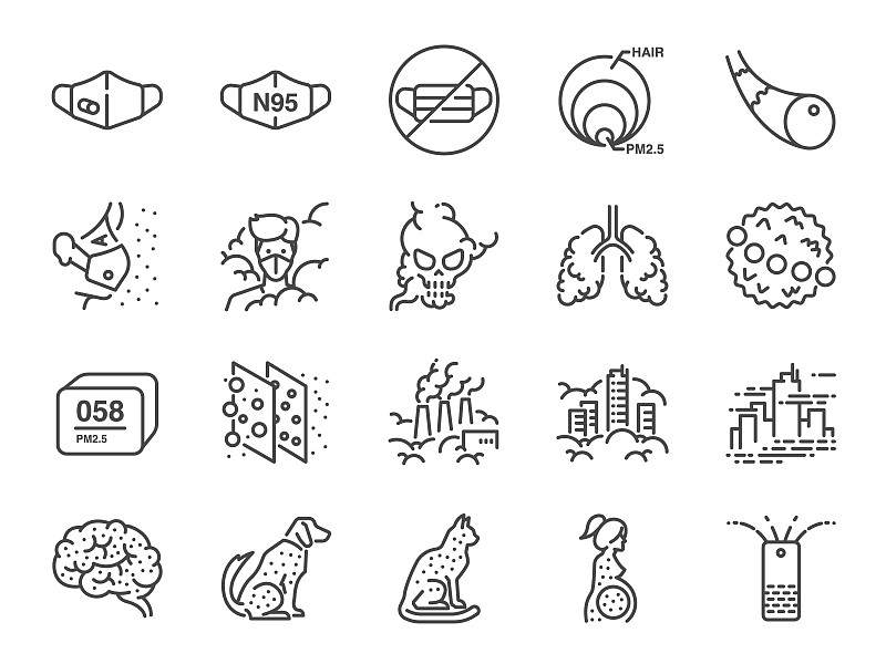 PM2.5 Air pollution line icon set. Included icons 