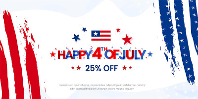 时尚的7月4日彩色字体设计与销售，折扣优惠的红色和蓝色垃圾，复古，复古条纹设计与星星使用的销售横幅，