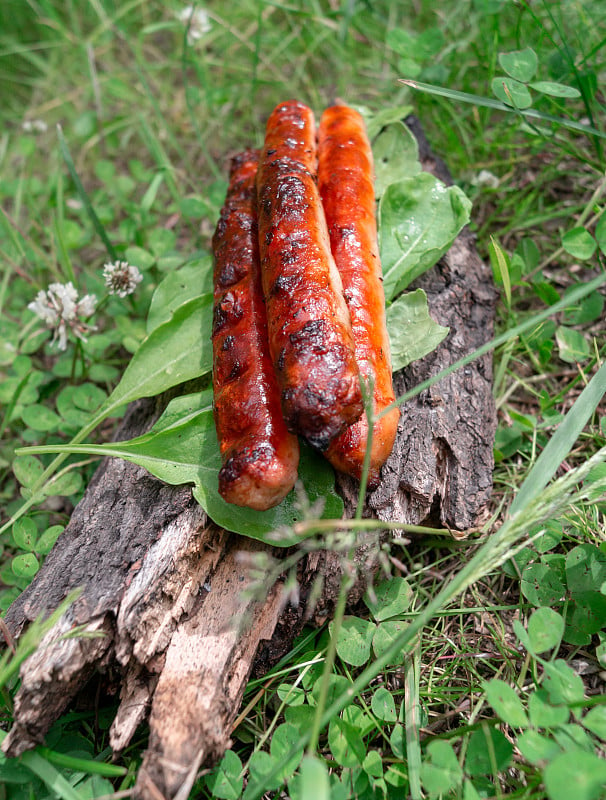 香肠在烤架上煎，然后放在芝麻菜上