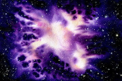 水彩插图与星云，星星和光芒