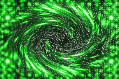 绿色矩阵数字背景。扭曲的网络空间的概念。人物落入虫洞。入侵矩阵。虚拟现实设计。复杂的算法数据黑客。绿