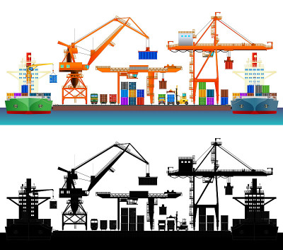 Sea trade Port, harbor cranes and ships, flat styl