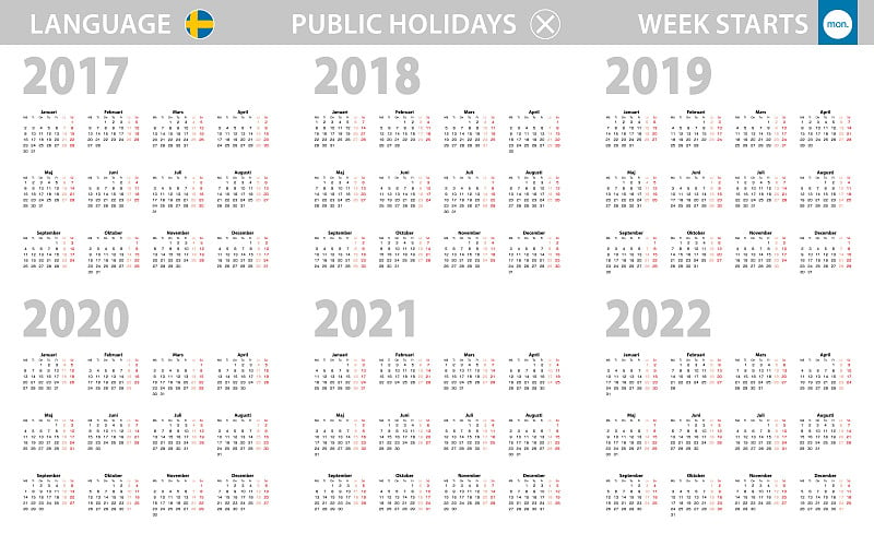 2017年、2018年、2019年、2020年、2021年、2022年的瑞典语日历。一周从星期一开始