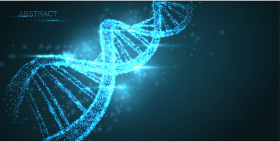 摘要发光DNA分子，绿色背景上的霓虹螺旋。医学基因生物技术化学生物学