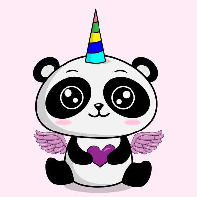 Pandacorn。可爱的熊猫有独角兽的角和心。
