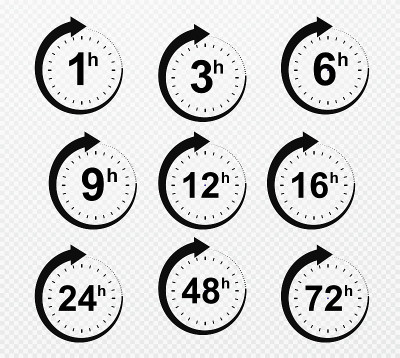 时钟箭头1,3,6,9,12,16,24,48,72小时。一组交付服务时间图标。