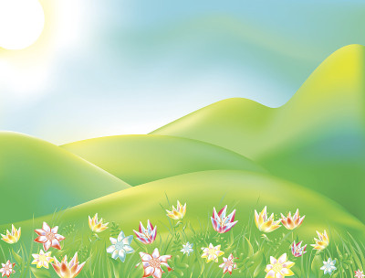 彩色的自然矢量插图。卡通风景的一个阳光明媚的夏日。儿童背景描绘了森林、山、河、树、天、云、苹果