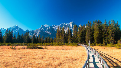 秋天在阿尔卑斯山的巴斯特山谷徒步旅行