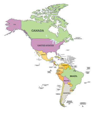 墨卡托投影中的南北美洲政治地图。