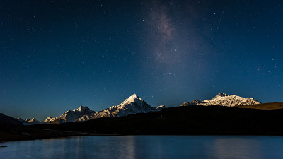 月圆之夜，钱德拉尔湖以银河为背景。钱德拉尔湖也被称为月球湖