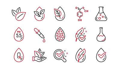 没有人工颜色，有机叶线图标。皮肤测试,有机食品。线性集。向量