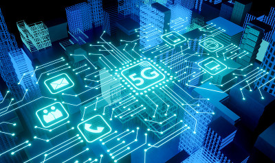 5G网络数字全息图和互联网背景。三维渲染