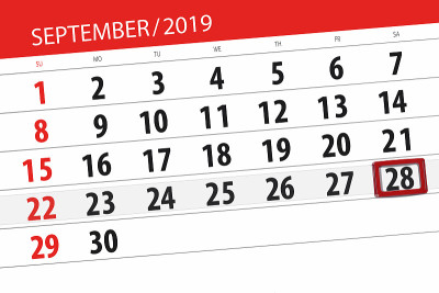 2019年9月的日历计划，截止日期，28日，周六
