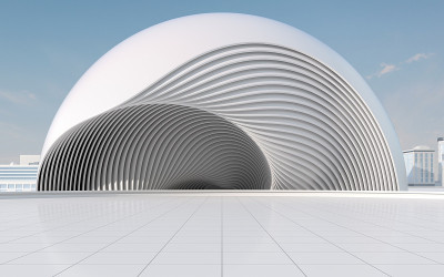 白色背景的曲线和建筑，3d渲染。