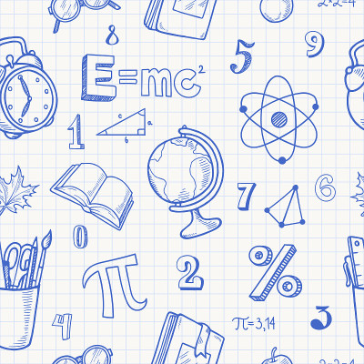 学校无缝图案手绘涂鸦风格。欢迎回到学校背景与用品，项目和科学符号。一张用蓝色笔画的笔记本。矢量图