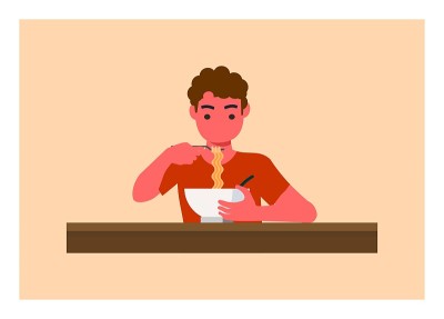 卷发男孩吃面条。简单的平面插图。