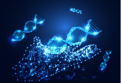 抽象技术科学概念手数字链接和DNA在高科技背景下