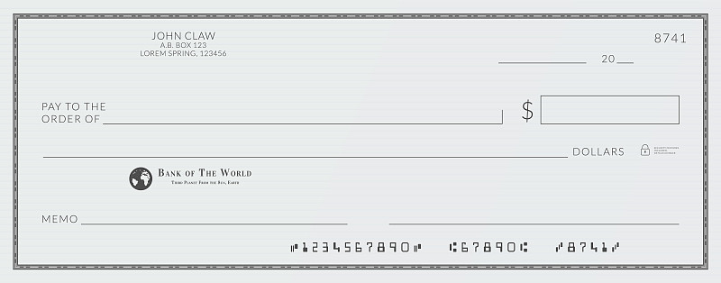 Blank bank cheque. Personal desk check template wi