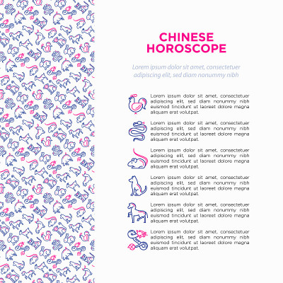 中国星象概念细线象征:鸡、牛、鼠、龙、虎、兔、猪、马、狗、猴、羊。现代矢量插图日历，模板打印媒体。