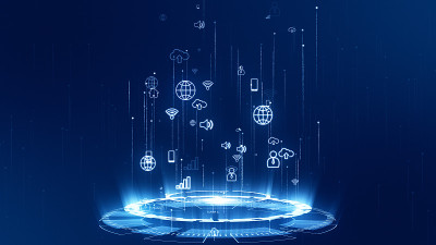 蓝色安全盾图标与未来圈技术抽象背景连接