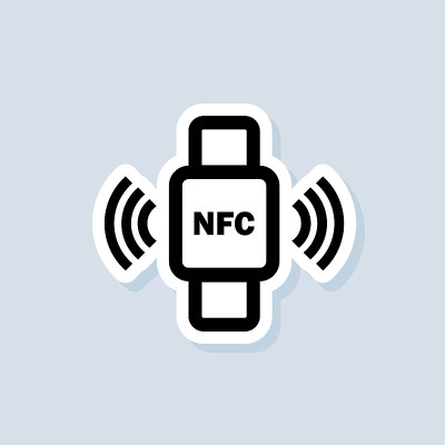 非接触式支付贴纸。连接智能手机图标的NFC手镯。NFC手机与智能手表同步。无线支付。非接触式无现金图