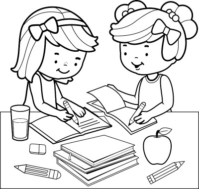 学生做作业。黑白涂色书页。
