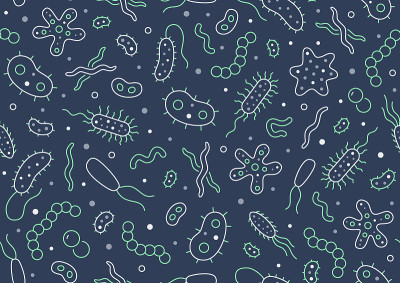 细菌，病毒，微生物，暗无缝图案。矢量背景包括微生物、细菌、霉菌、细胞、益生菌等微生物信息图形的线条图