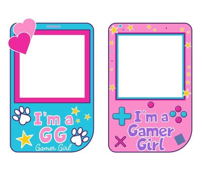 玩家照相亭道具集。平面风格玩家女孩插图与gameboy掌机游戏控制台