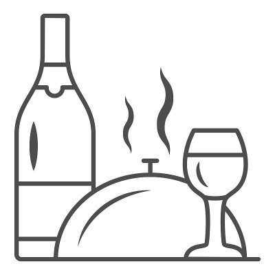 瓶子，葡萄酒杯和食物托盘细线图标，浪漫的晚餐概念，餐厅晚餐服务标志上的白色背景，瓶子的葡萄酒和托盘与