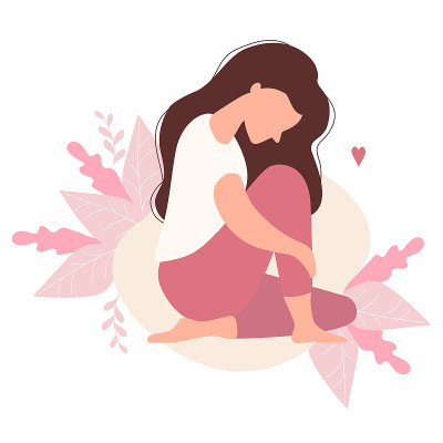 美丽的现代悲伤的长头发女孩坐在一个装饰背景与热带树叶拥抱她的腿。矢量图