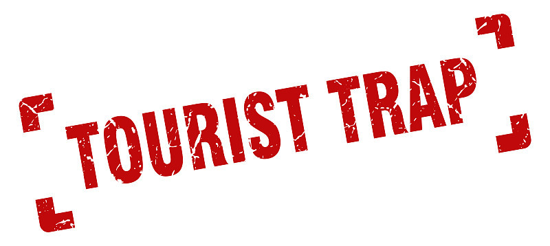 旅游陷阱邮票。游客陷阱广场垃圾标志。旅游陷阱