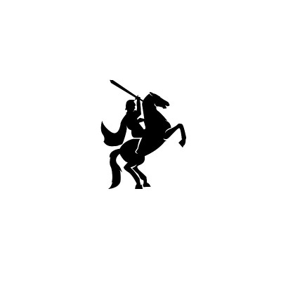 一名战争骑士士兵携带着一把佩带盔甲的剑去战争与他的马标志图标设计平面矢量模板插图剪影白色背景