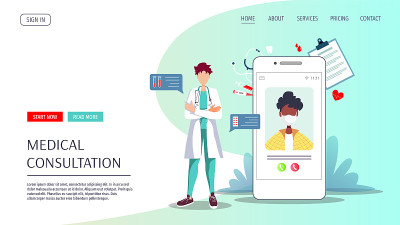 Doctor and phone with patient on the screen. Medic