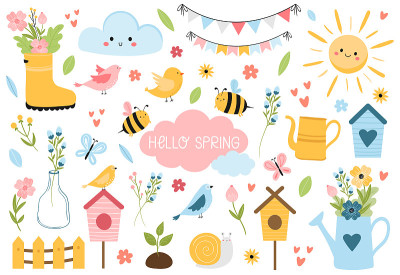 Hello Spring元素设置。手绘，卡通风格矢量插图
