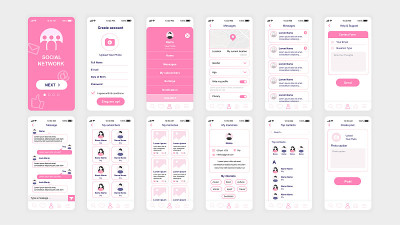 Set of UI, UX, GUI screens Social Network app flat